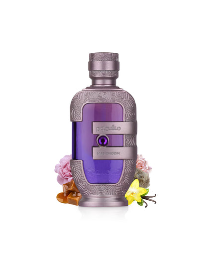 lattafa mashmoom perfume oil Decorative bottle with purple label and floral elements on a white background