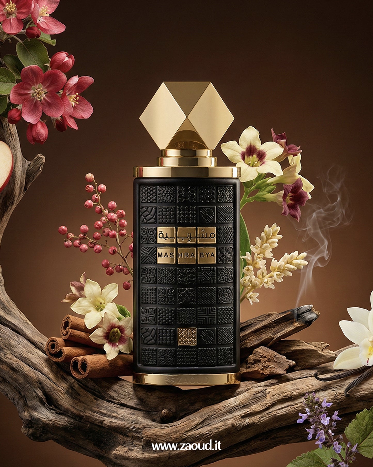 lattafa-mashrabya perfume with decorative elements on a brown background