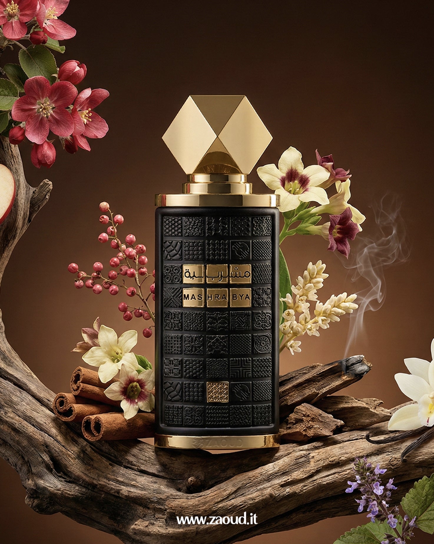 lattafa-mashrabya perfume with decorative elements on a brown background