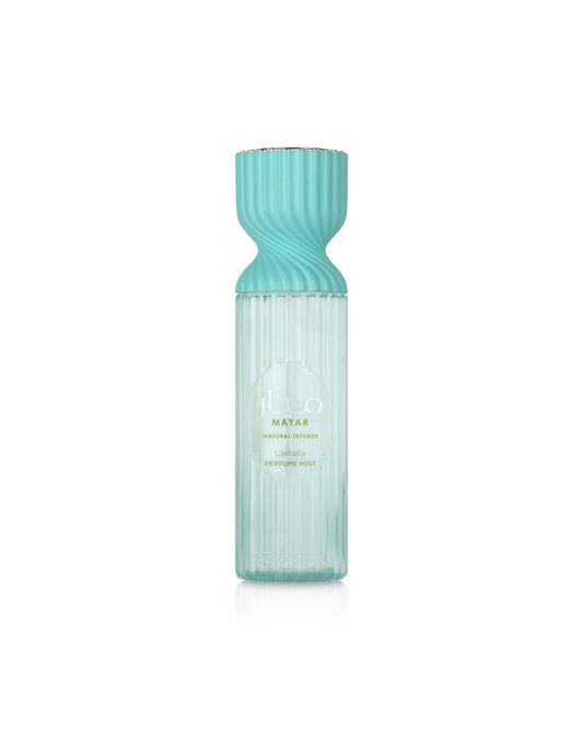 lattafa mayar natural intense perfume mist bottle with ribbed design on a white background