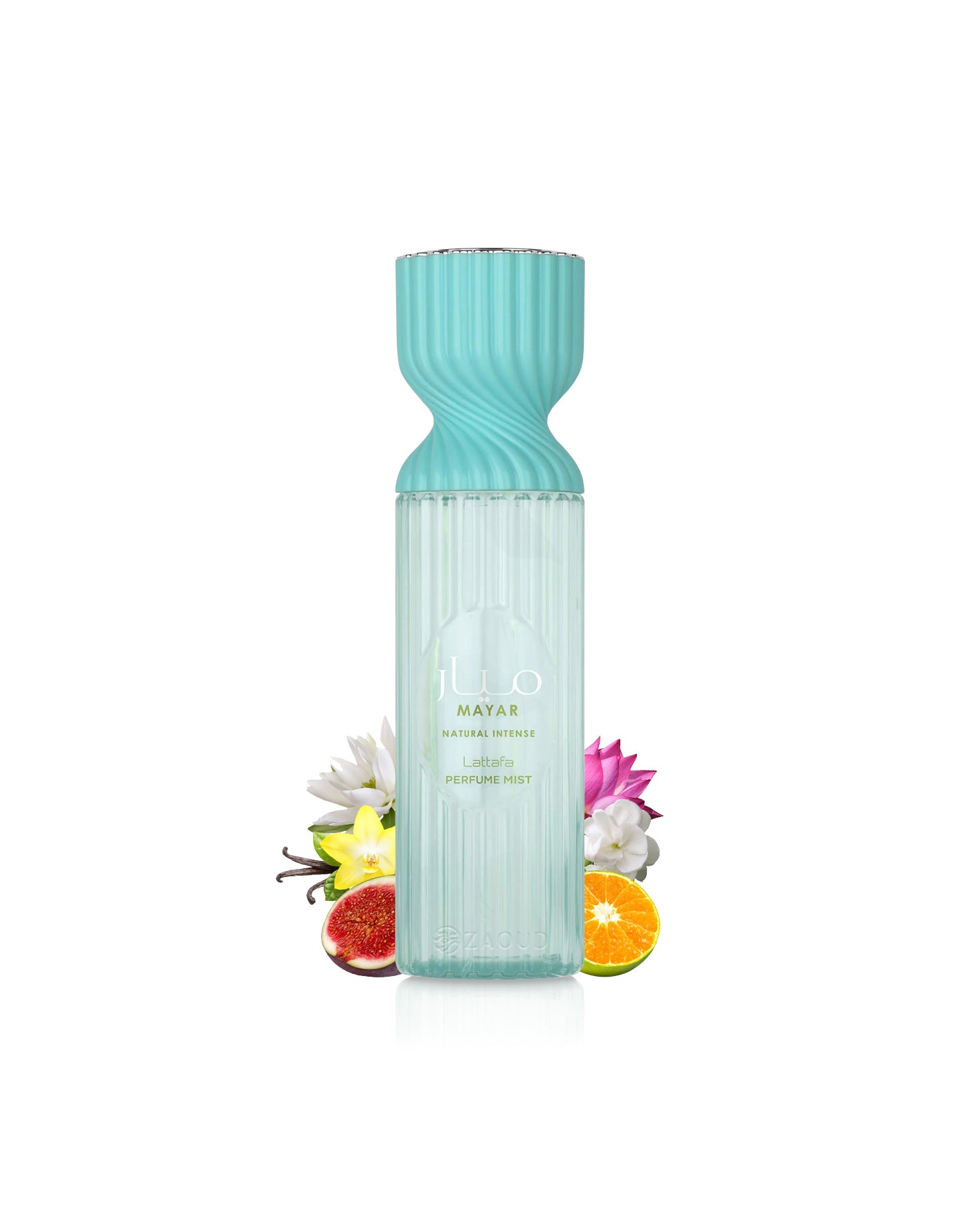 lattafa mayar natural intense perfume mist bottle with a textured green cap and clear body on a white background, surrounded by tropical fruits and flowers.