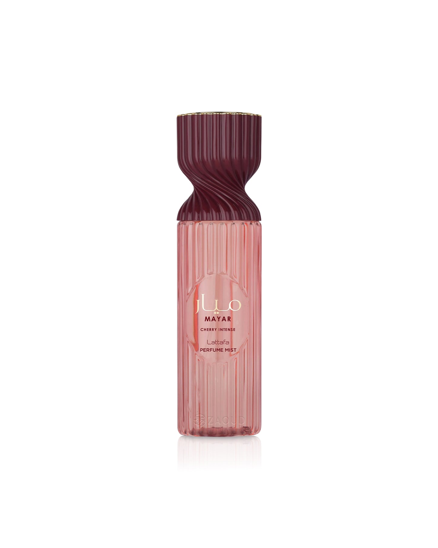 lattafa mayar cherry intense Red and pink perfume bottle with visible brand name on a white background
