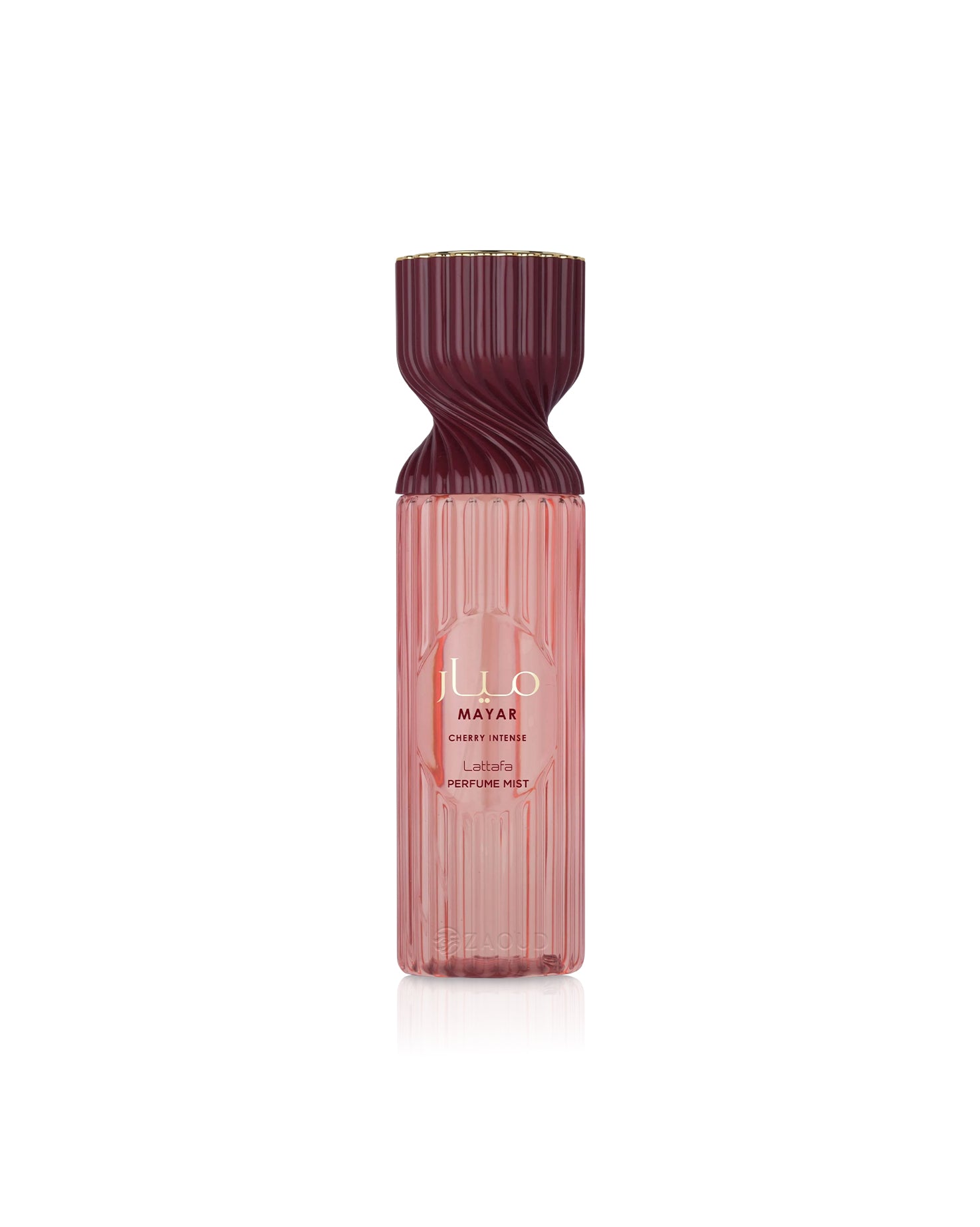 lattafa mayar cherry intense Red and pink perfume bottle with visible brand name on a white background