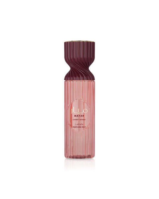 lattafa mayar cherry intense Red and pink perfume bottle with visible brand name on a white background