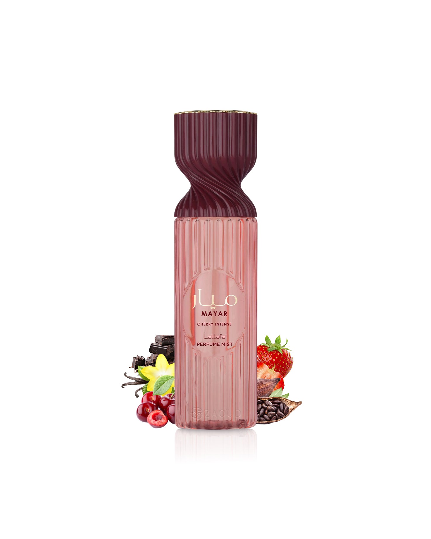 lattafa mayar cherry intense Pink perfume bottle with fruit illustrations on a white background