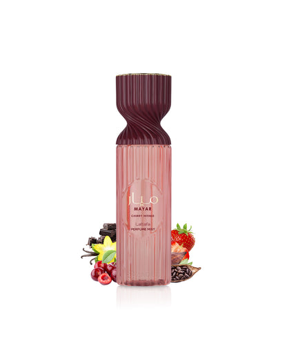 lattafa mayar cherry intense Pink perfume bottle with fruit illustrations on a white background