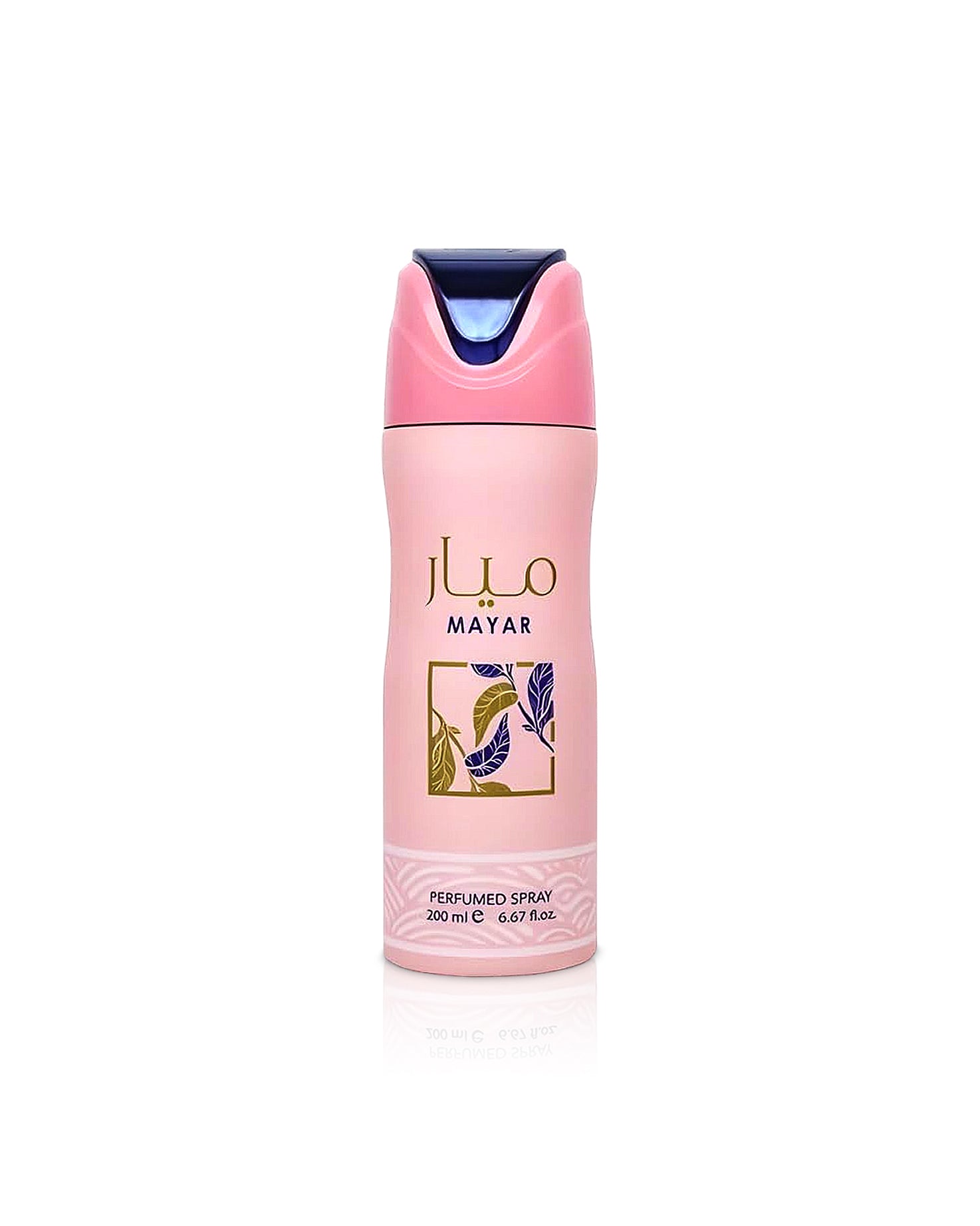 lattafa mayar deodorant Pink perfume spray bottle with 'mayar' branding on a white background