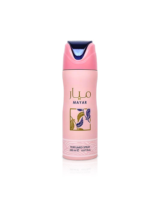 lattafa mayar deodorant Pink perfume spray bottle with 'mayar' branding on a white background