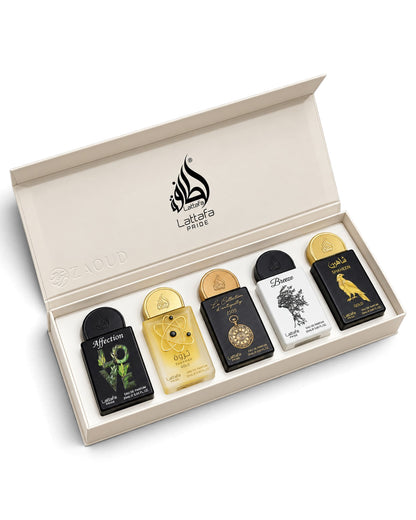 lattafa miniature box 1 , presented in an open cream-colored box. The set includes five distinct incense sticks in black, gold, white, and bronze-colored holders, each with its own unique illustrated label.