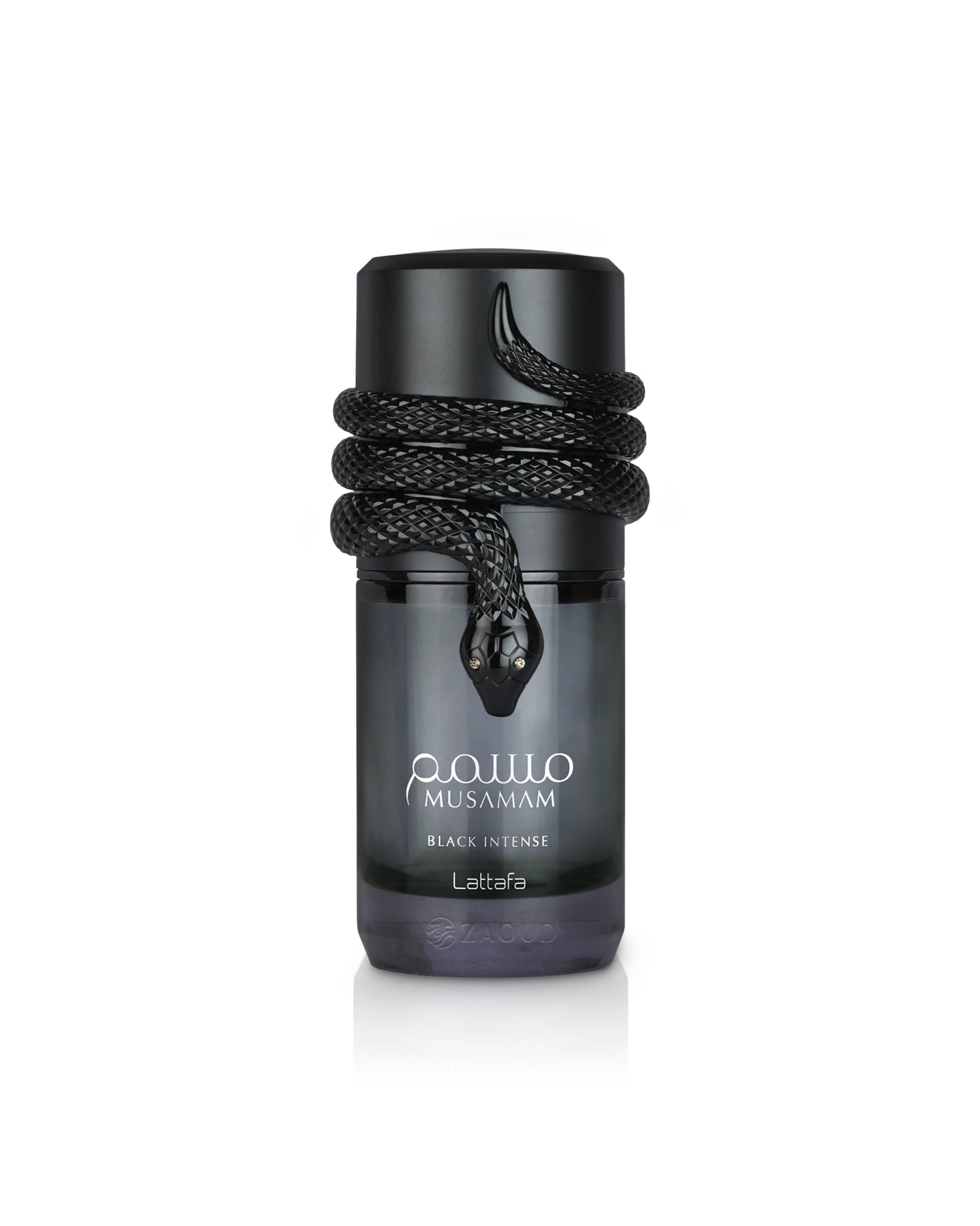 lattafa musamam black intense perfume bottle with snake shape cap shows against white background