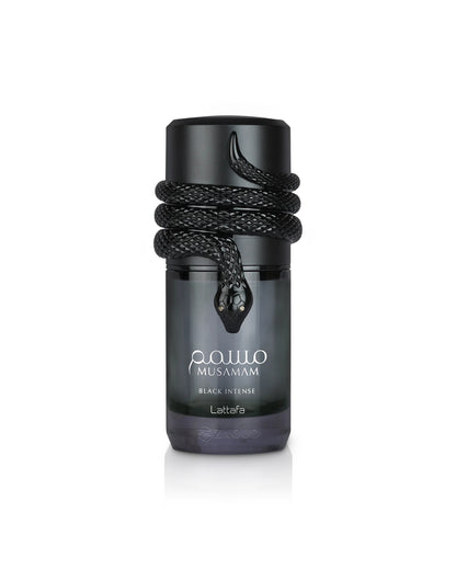 lattafa musamam black intense perfume bottle with snake shape cap shows against white background