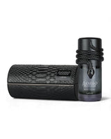 lattafa musamam black intense perfume bottle with snake shape cap shows beside packaging against white background