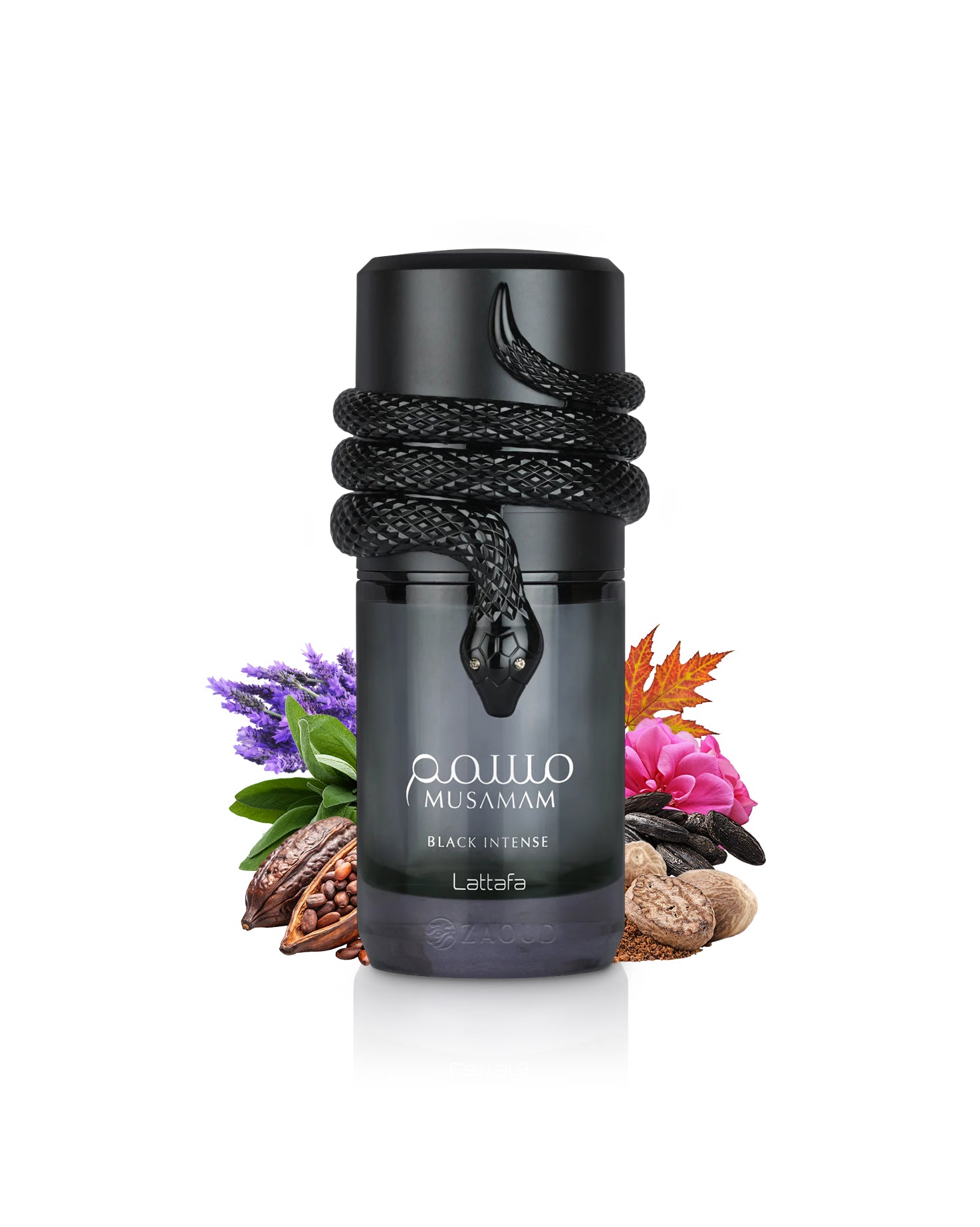 lattafa musamam black intense perfume bottle surrounded by fragrance notes like nutmeg and cocoa with snake shape cap shows against white background