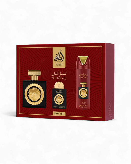 lattafa Nebras gift set packaging on a white background