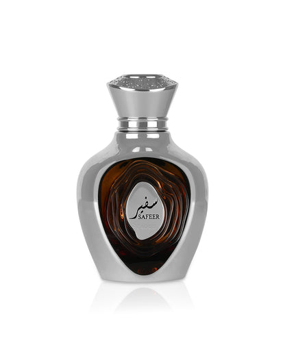 lattafa nich emarati safeer Silver and brown perfume bottle with 'Safeer' branding on a white background