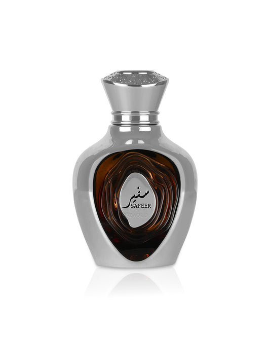 lattafa nich emarati safeer Silver and brown perfume bottle with 'Safeer' branding on a white background