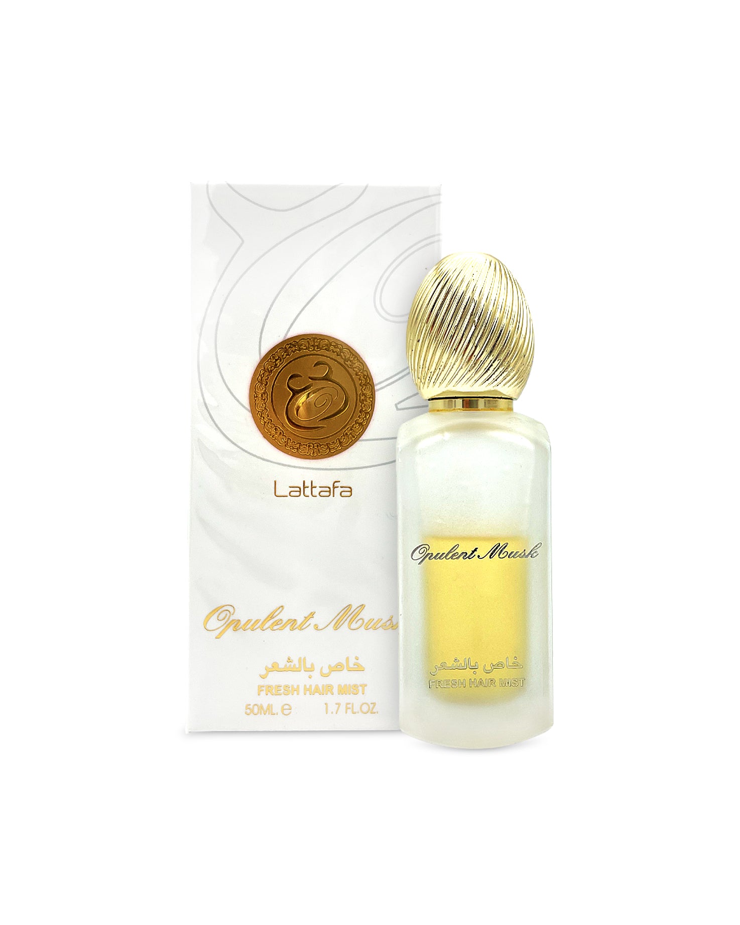 opulent musk hair mist by lattafa perfume bottle shows beside its box against white background