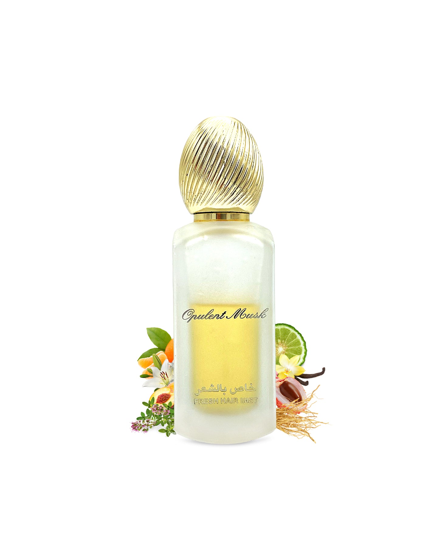 opulent musk hair mist by lattafa perfume bottle surrounded with its ingredients like vanilla and citrus shows from behind the bottle against white background