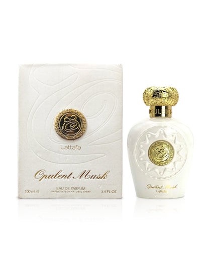 lattafa opulent musk perfume bottle shows beside its box against white background