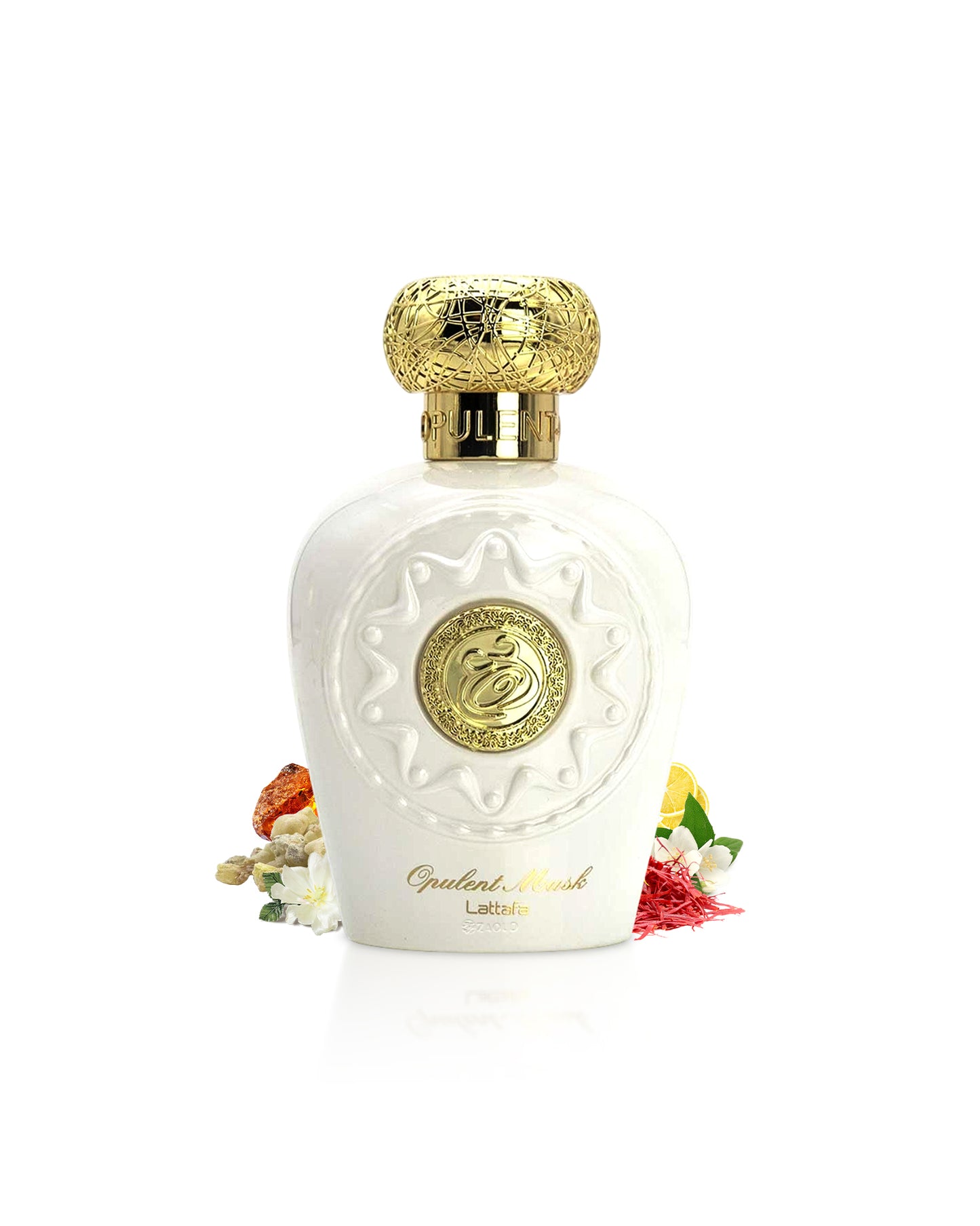 lattafa opulent musk perfume bottle surrounded with fragrance notes like saffron and jasmine shows against white background