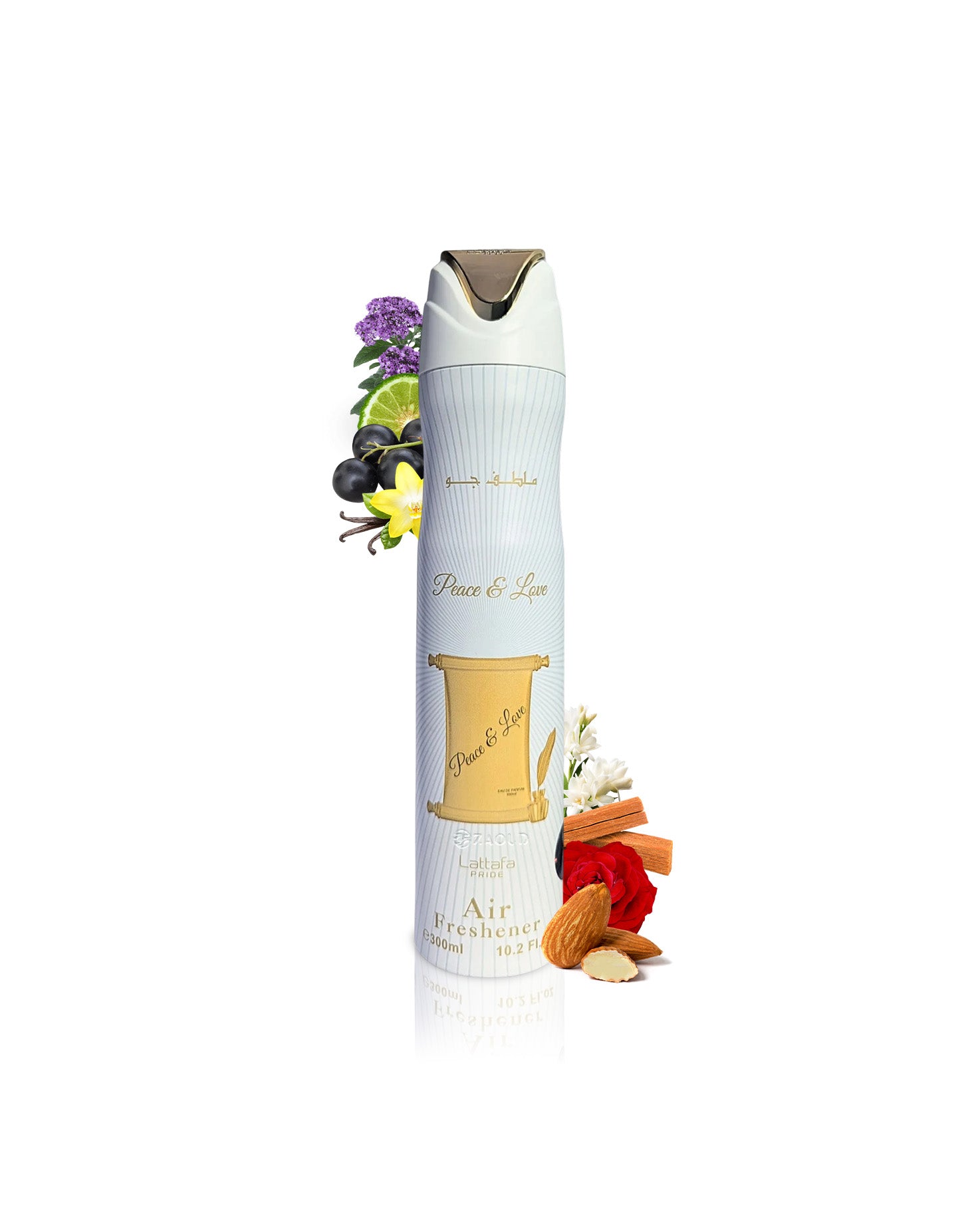 lattafa peace and love air freshener bottle surrounded by fragrance notes like almond and vanilla shows against white background
