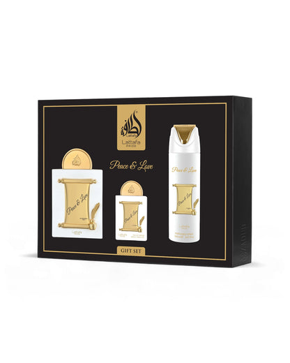 Lattafa Peace & Love gift set with three items in a black box on a white background