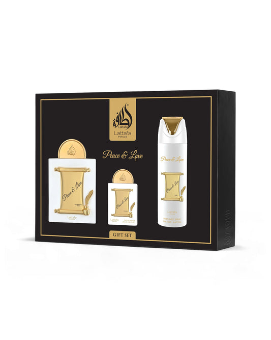 Lattafa Peace & Love gift set with three items in a black box on a white background