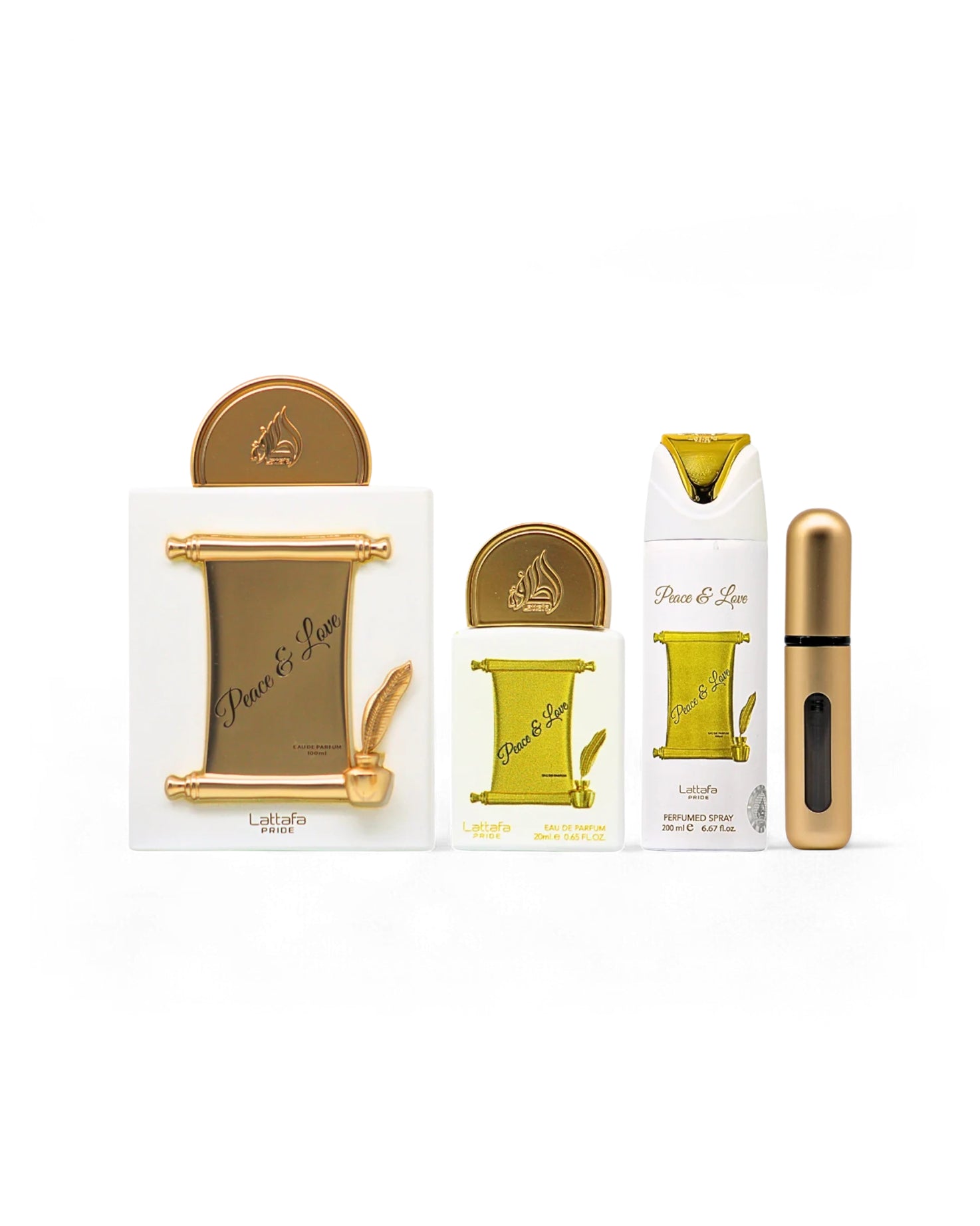 Lattafa peace and love gift set including a deodorant bottle, and perfume bottles on a white background
