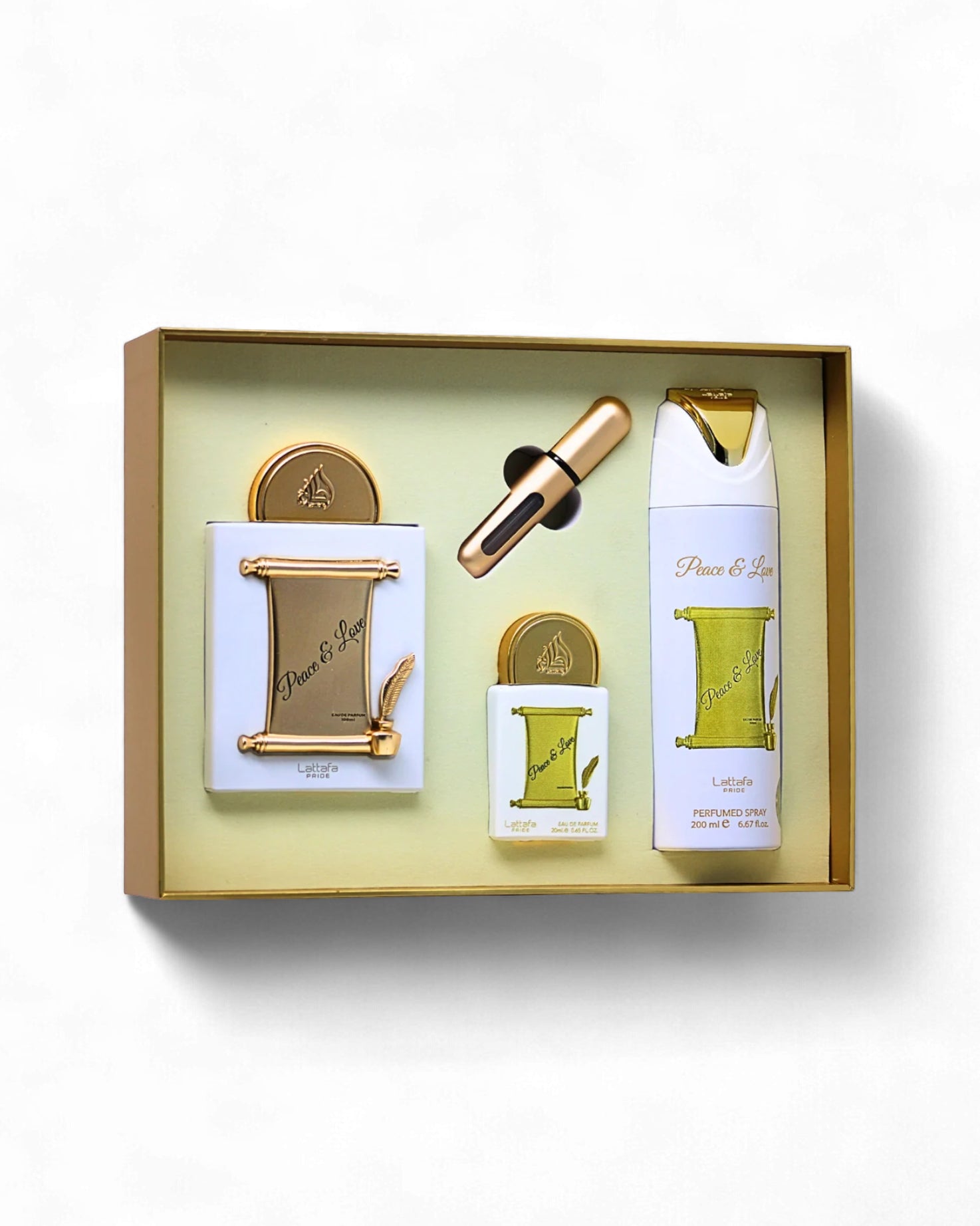 lattafa peace and love gift set including a bottle, a deodorant, and a box with gold accents on a white background.