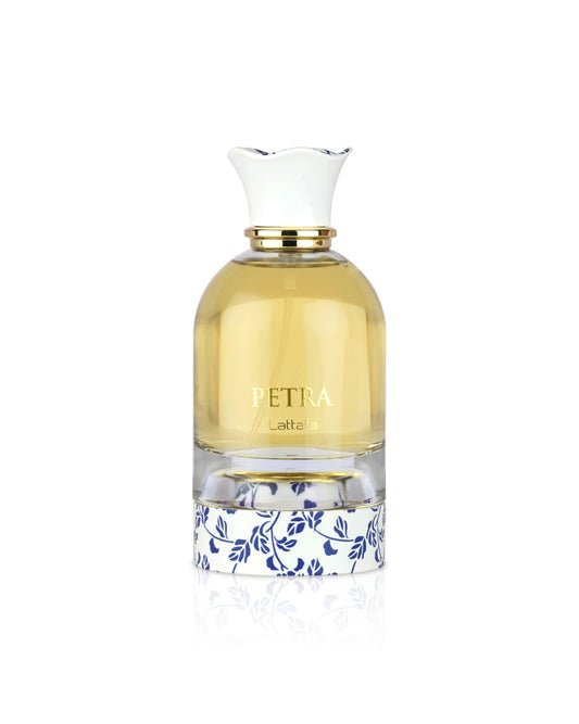 lattafa petra perfume bottle shows against white background