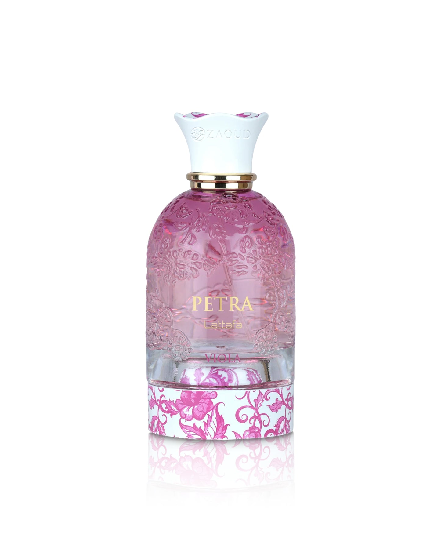 A perfume bottle named lattafa PETRA, featuring a pink frosted glass body with embossed floral patterns, a gold collar, a white neck with pink floral accents, and a pink and white damask patterned base, set against a plain white background with a soft reflection.