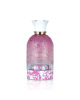 A perfume bottle named lattafa PETRA, featuring a pink frosted glass body with embossed floral patterns, a gold collar, a white neck with pink floral accents, and a pink and white damask patterned base, set against a plain white background with a soft reflection.