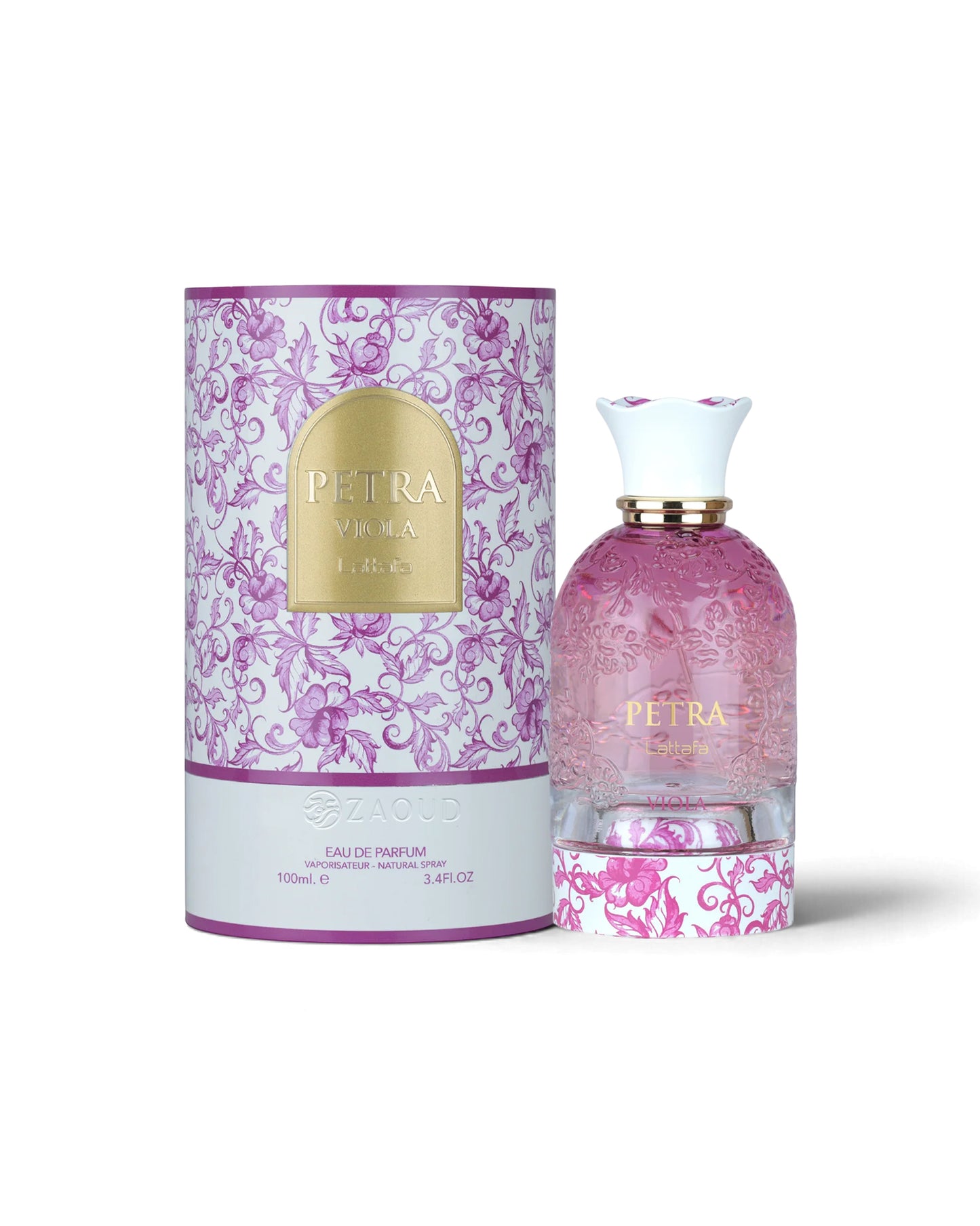 A bottle of Petra by lattafa Eau de Parfum next to its cylindrical packaging box. The perfume bottle is filled with pink liquid and features a white cap with a gold collar.