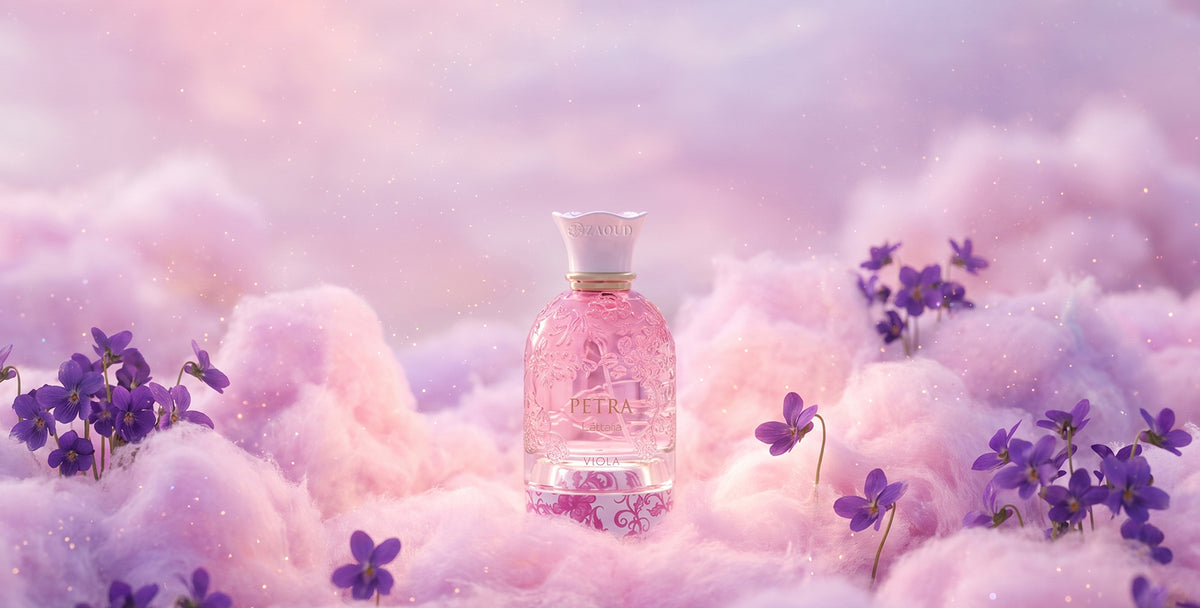 A pink perfume bottle labeled PETRA viola by lattafa stands centered among fluffy pink clouds and small purple flowers in a soft pastel outdoor scene.