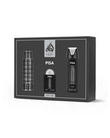 Lattafa Pisa gift set packaging with two bottles and a small automizer on a white background