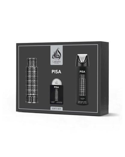 Lattafa Pisa gift set packaging with two bottles and a small automizer on a white background