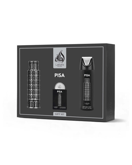 Lattafa Pisa gift set packaging with two bottles and a small automizer on a white background