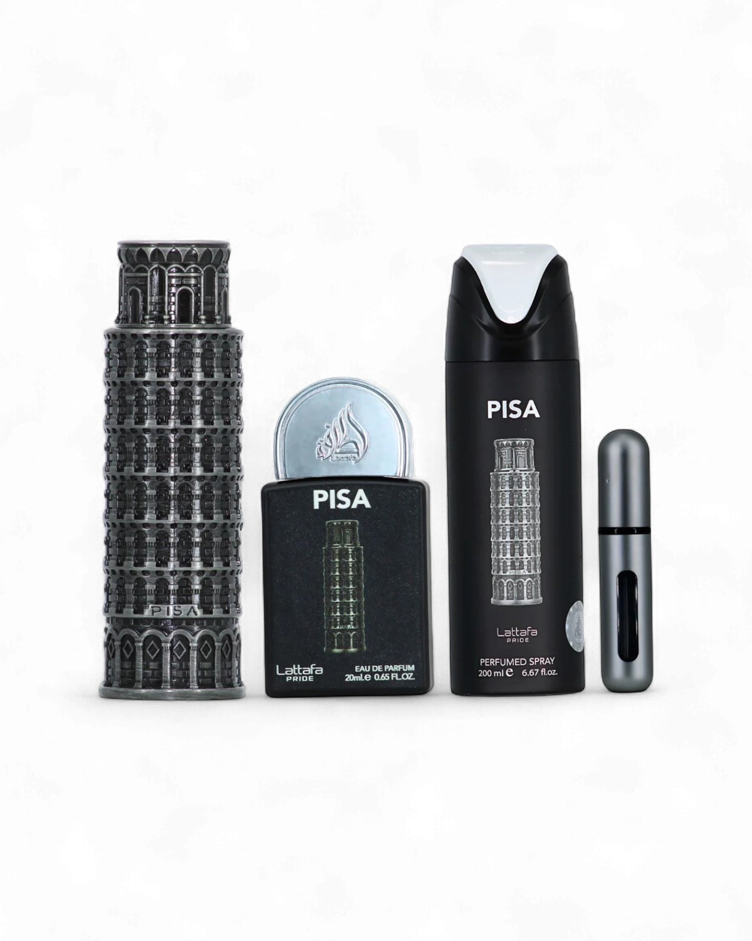 lattafa pisa gift set including perfume bottles and automizer on a white background