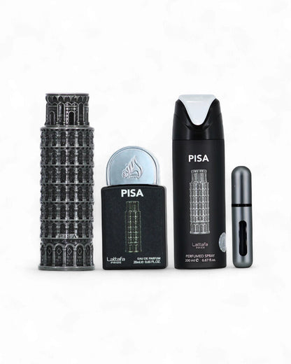 lattafa pisa gift set including perfume bottles and automizer on a white background