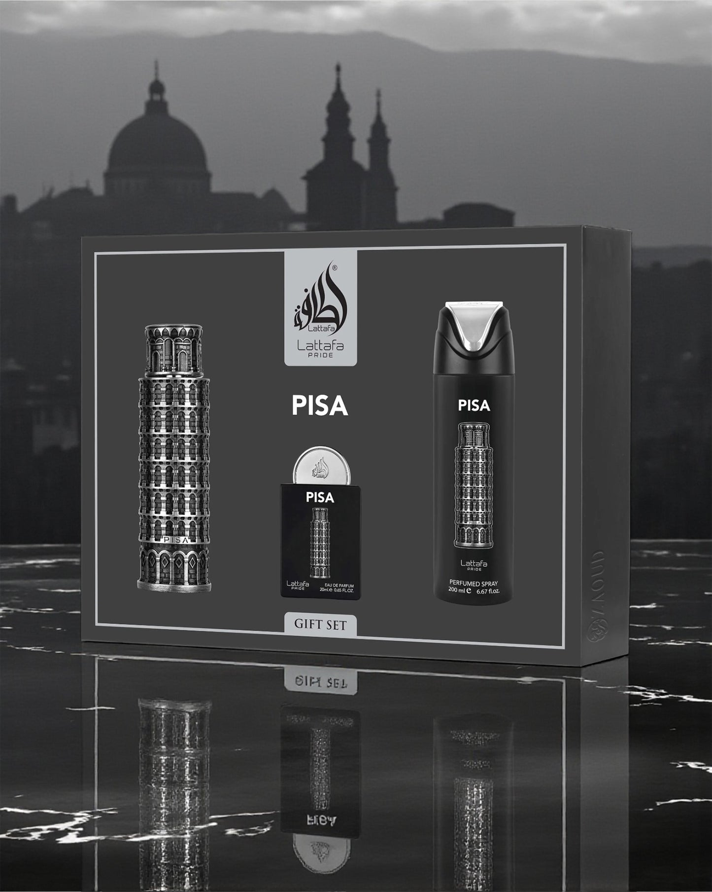 lattafa Pisa gift set packaging with Leaning Tower of Pisa design against a cityscape background