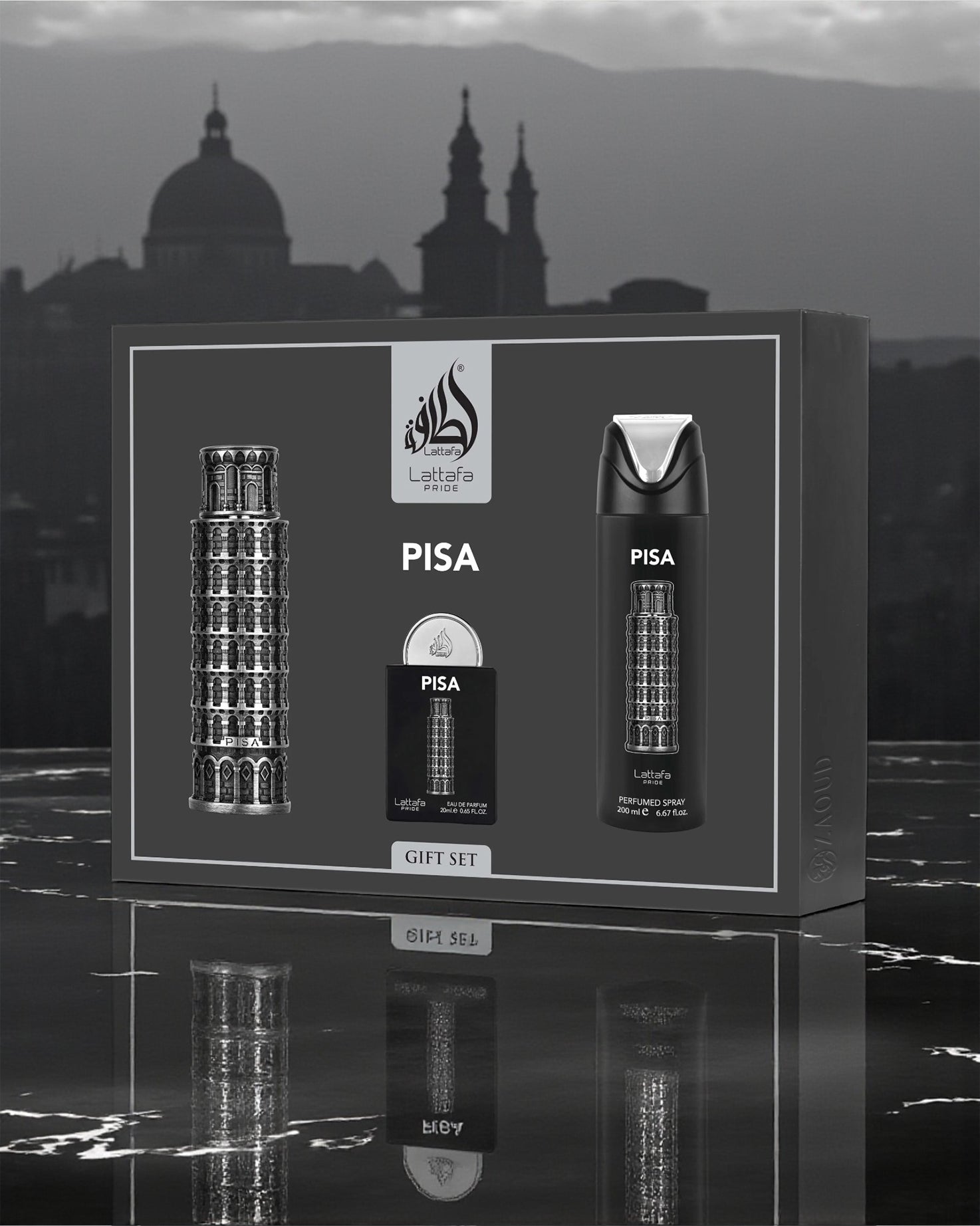 lattafa Pisa gift set packaging with Leaning Tower of Pisa design against a cityscape background