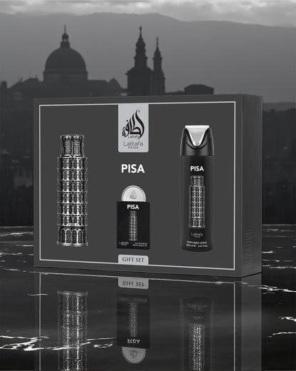 lattafa Pisa gift set packaging with Leaning Tower of Pisa design against a cityscape background