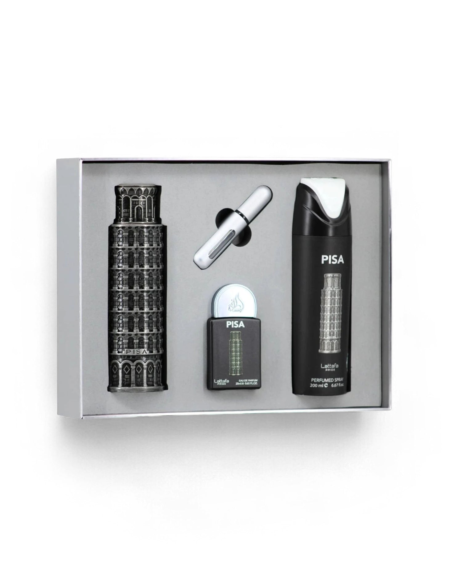 lattafa pisa gift set including perfume bottles and a deodorant bottle in a box on a white background