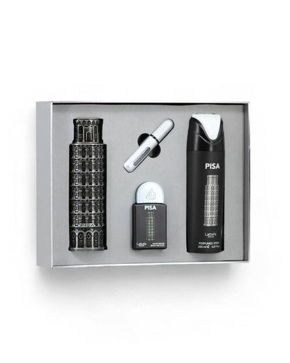 lattafa pisa gift set including perfume bottles and a deodorant bottle in a box on a white background