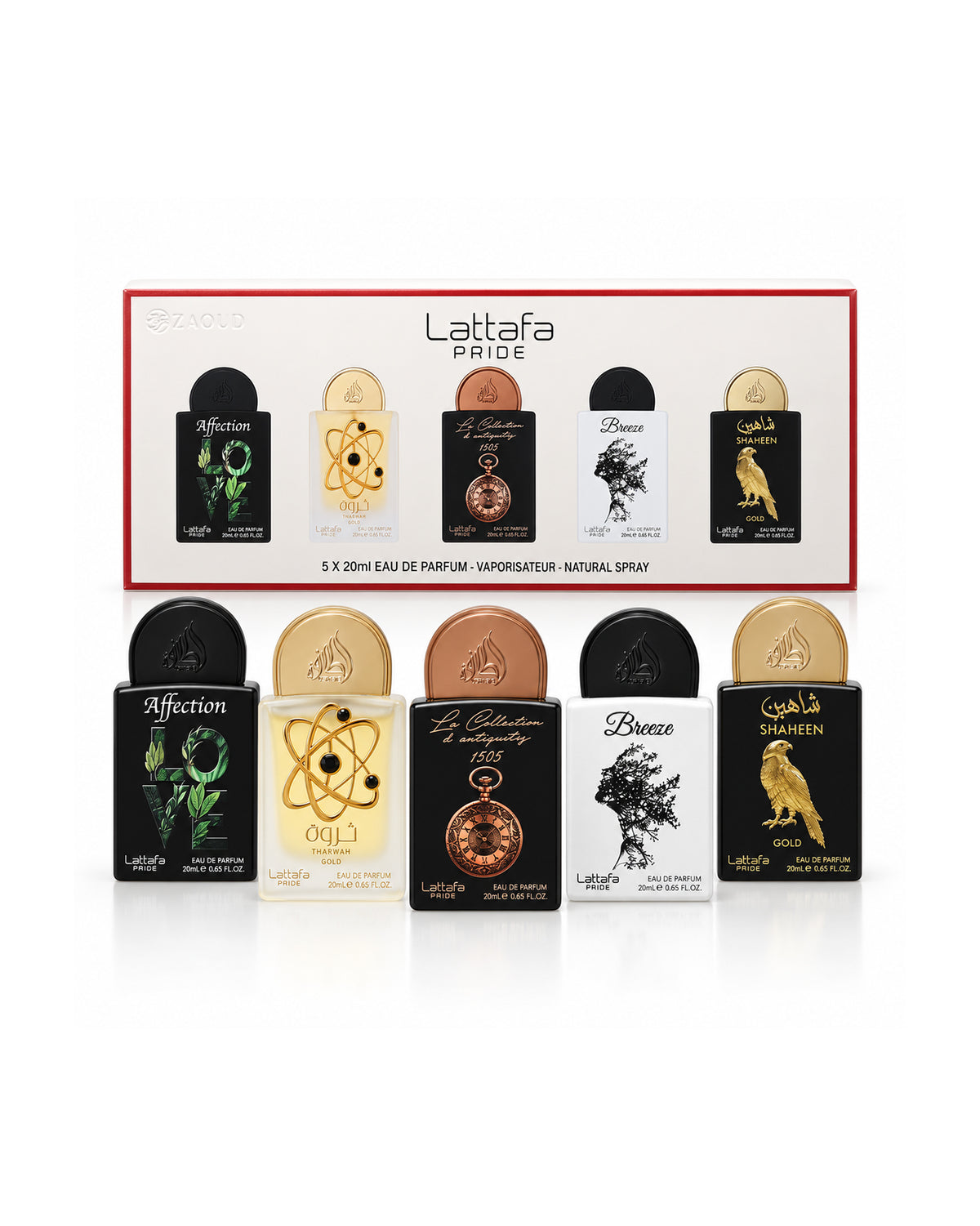 Lattafa Pride box miniature 5-piece fragrance gift set with five miniature perfume bottles and their corresponding packaging boxes arranged in a row in front of a larger white and red display box.