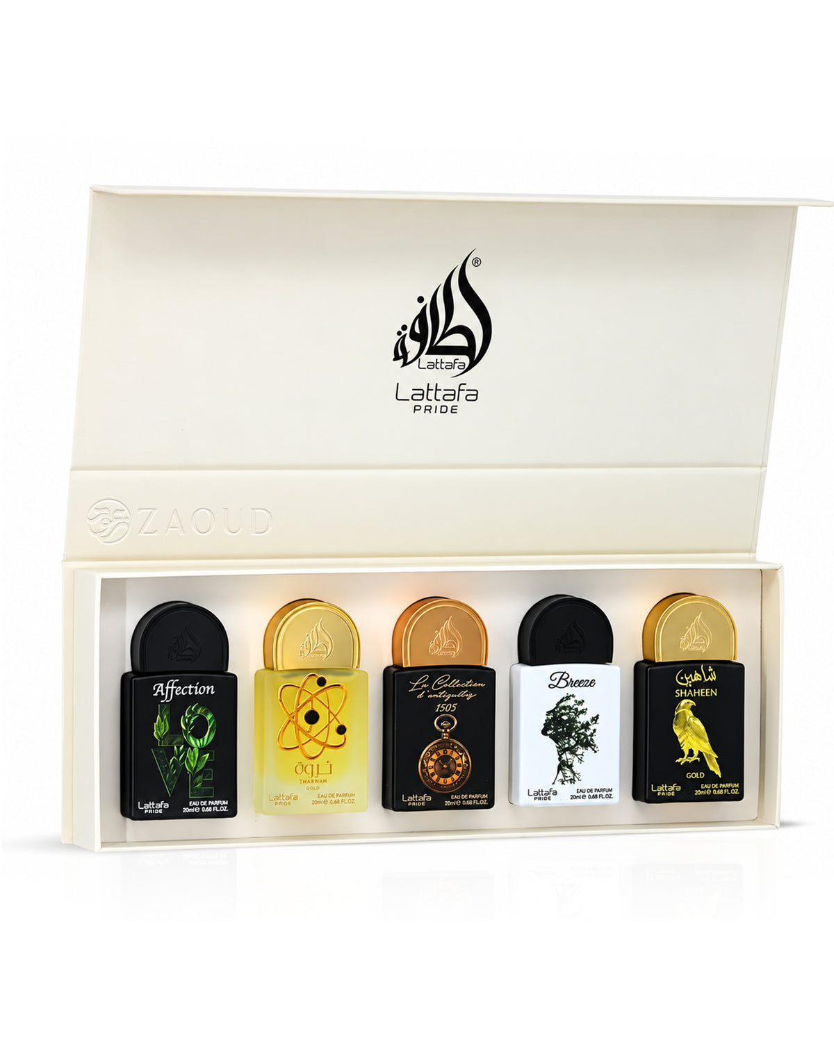 lattafa pride box miniature, showing five small perfume bottles arranged in a cream-colored presentation box. The bottles have black and gold caps and feature different illustrated labels including a green snake, a yellow bee, a gold pocket watch, a black tree, and a yellow bird.
