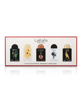 Lattafa Pride box miniature 5-piece fragrance gift set in a white box with a red border, featuring five miniature perfume bottles with black, gold, and copper-colored labels.