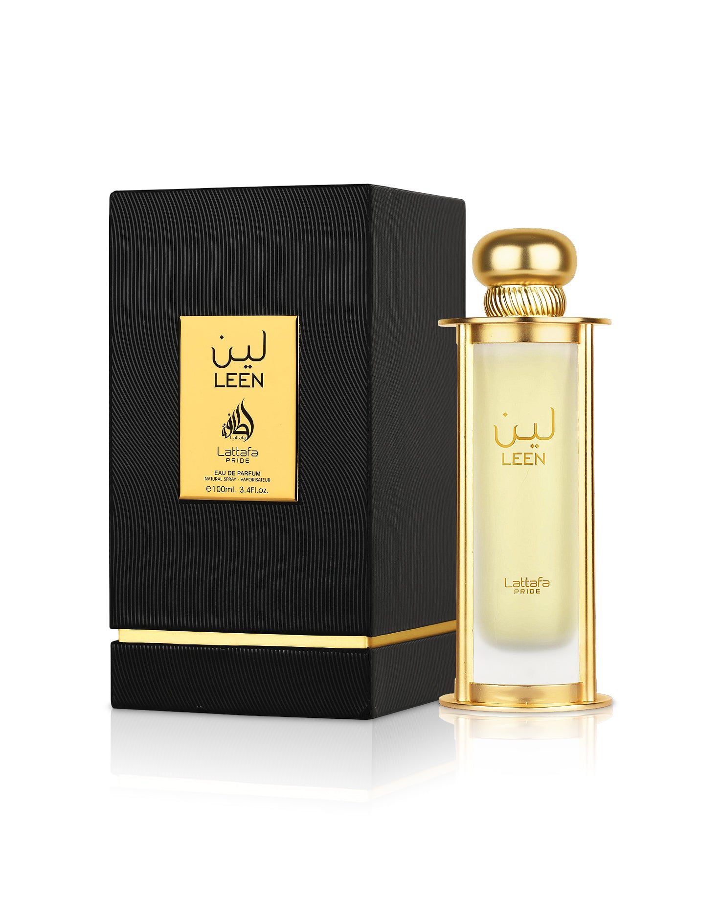 lattafa pride leen perfume bottle shows beside its box against white background