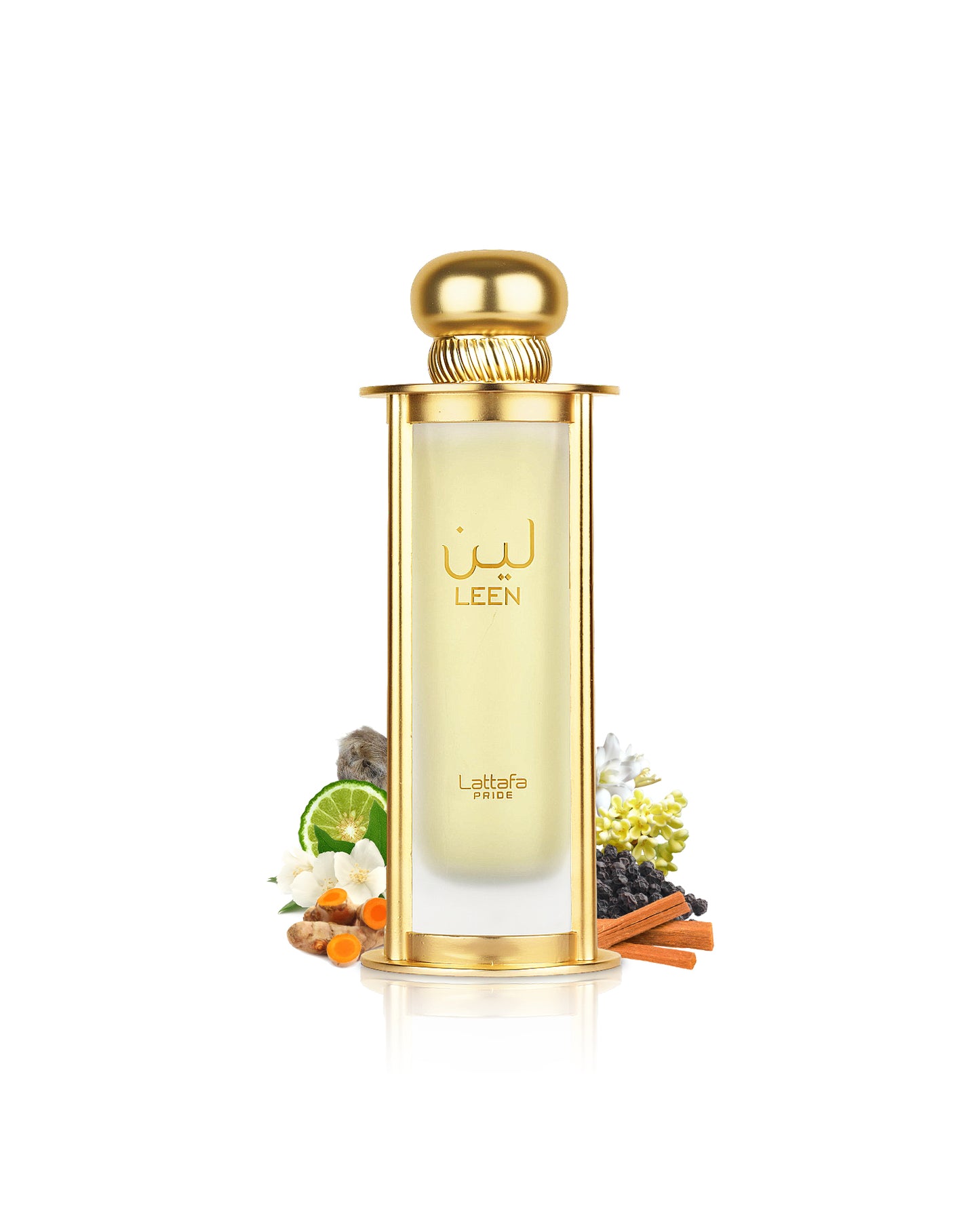 lattafa pride leen perfume bottle surrounded with its ingredients like turmeric and spices shows from behind the bottle against white background