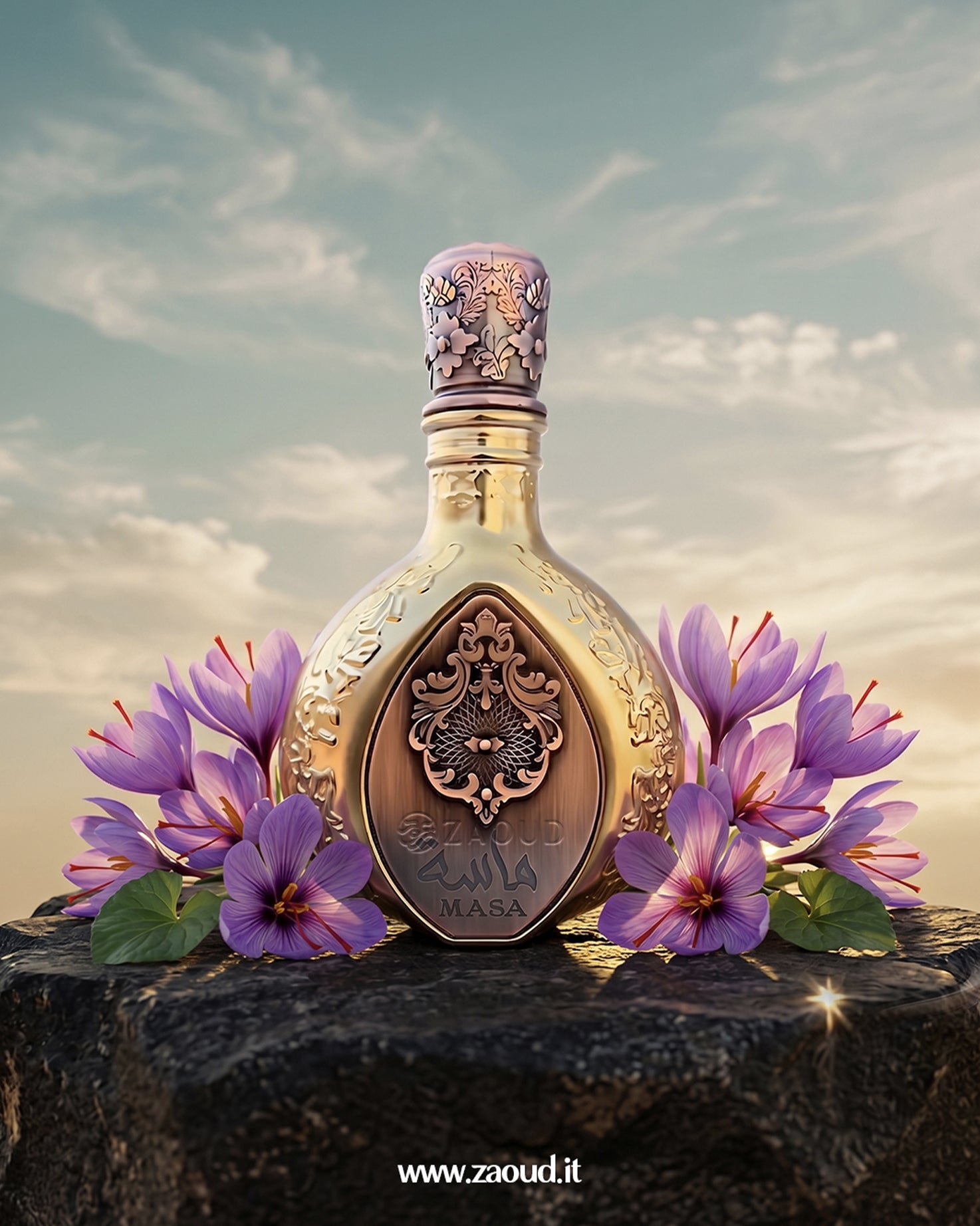 Lattafa Pride Masa perfume bottle placed on stone with purple flowers and sky background, highlighting a luxurious fruity saffron fragrance aesthetic.